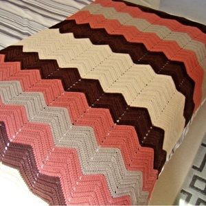 Vintage Crochet Afghan Handmade Zig Zag Throw Blanket Cream Pink Brown 76” x 55”